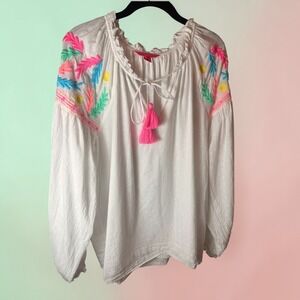 Lilly Pulitzer White Cotton Lined Embroidered Tassel Tie Neck Blouse XL
